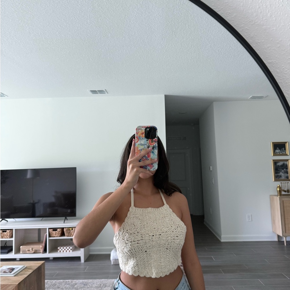 Forever 21 Cream Ribbed Crop Open Back Top